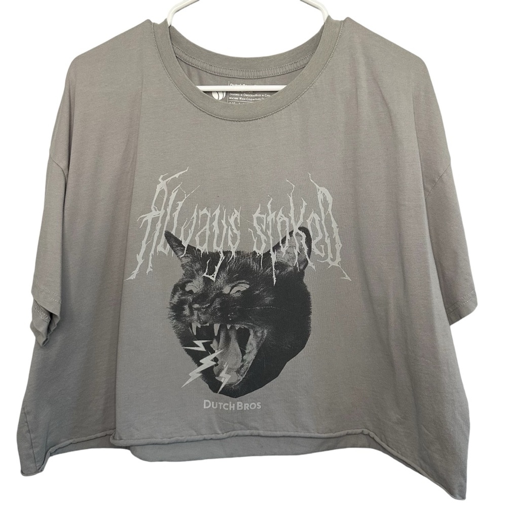 Dutch Bros XXL Gray CROPPED Tee Black Cat “Always Stoked” Rare Size 2XL DB 1992